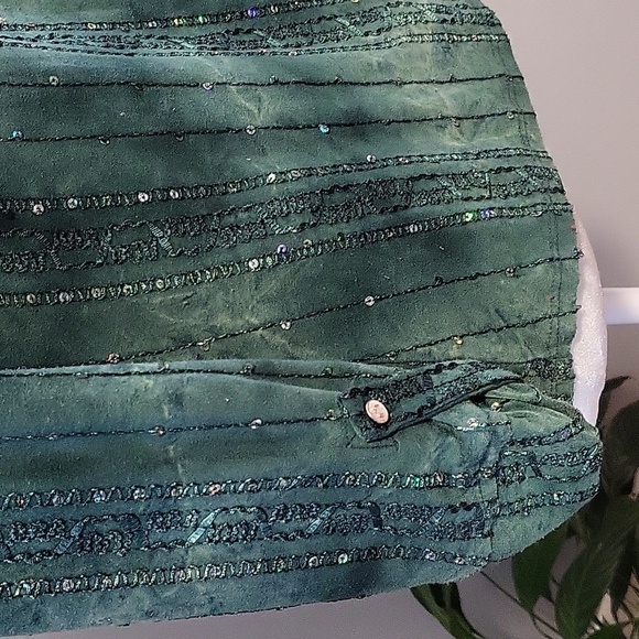 Roz & Ali Green Sequined V-Neck Adjustable Sleeve Top St. Pat's Day Sz Petite L - Picture 5 of 8